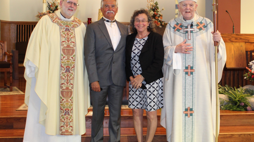 Fr. Wachowiak, Mr. and Mrs. Chambers, and Bishop Hurley