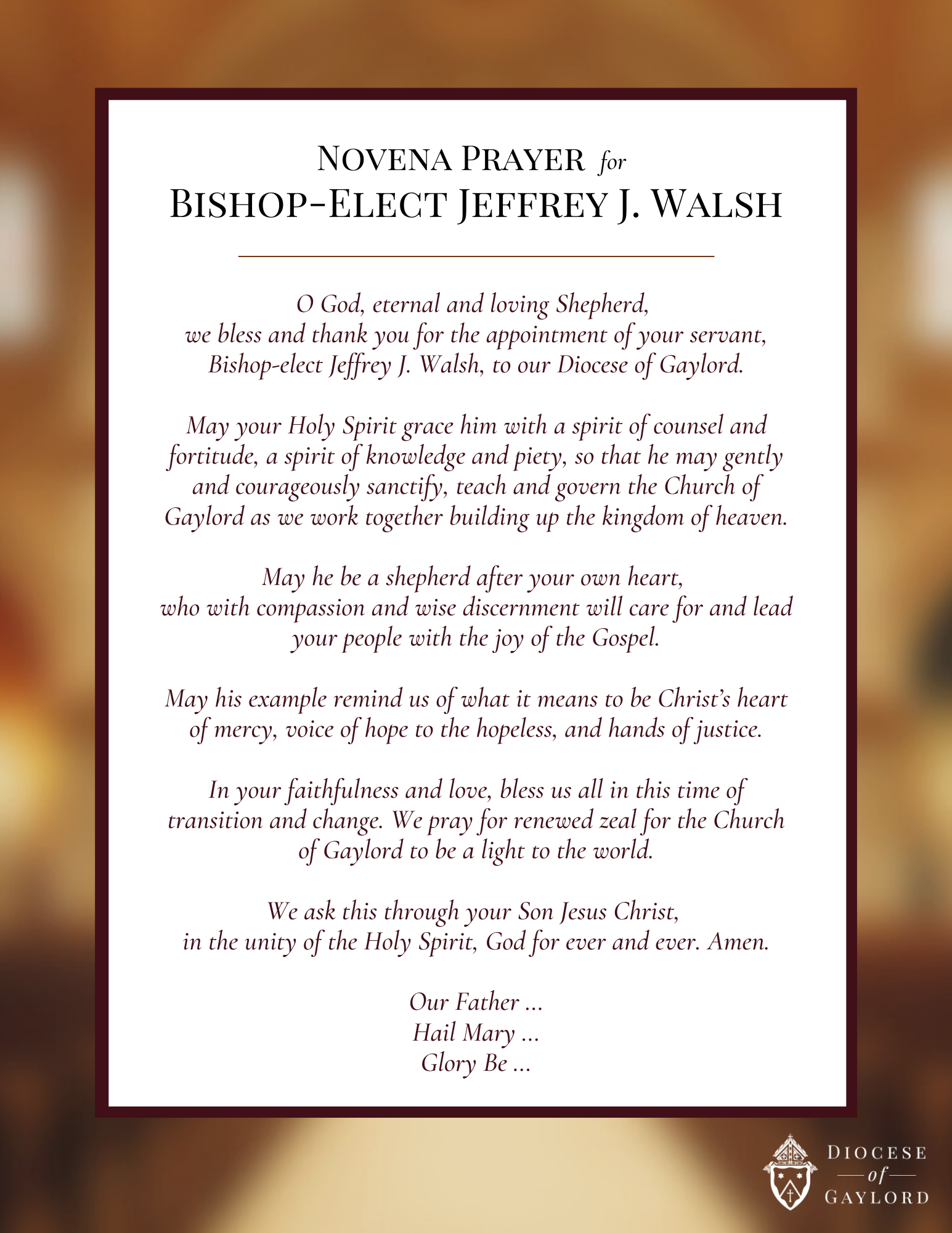 Novena Prayer for Bishop-elect Walsh