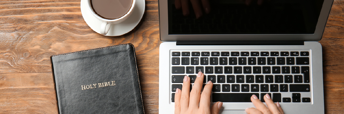 laptop, bible and coffee cup