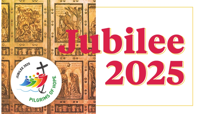 Jubilee 2025 promotional image with gold holy doors at St. Peter Basilica in Rome