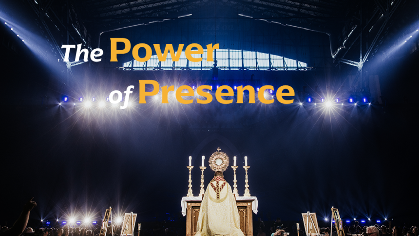 The Power of Presence, priest with monstrance in dark stadium