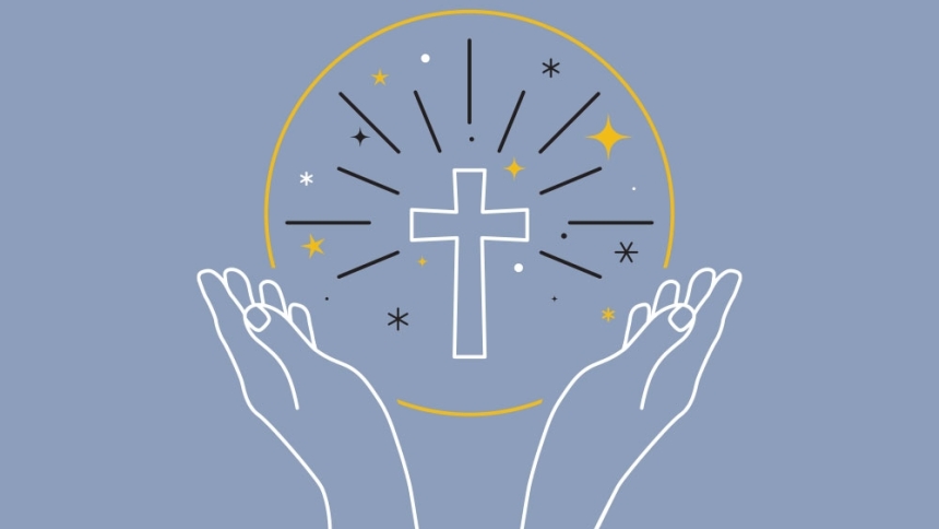 line art of hands holding eucharist with cross in the middle