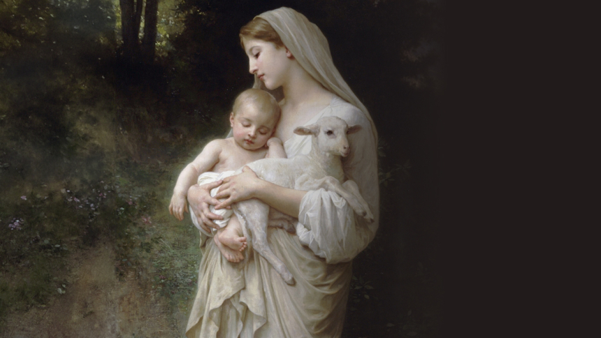 painting of Mary holding a lamb and baby Jesus