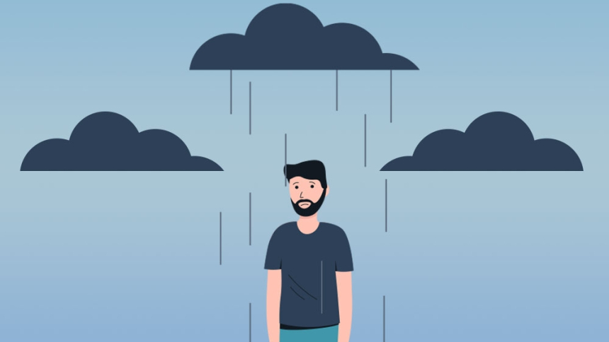 cartoon of man standing under rain clouds