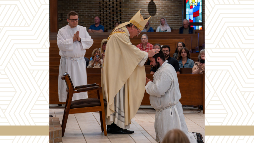 Bishop Jeffrey Walsh lays hands on Jake Belanger during his diaconate ordination on June 6, marking the beginning of his ministry as a transitional deacon and the final major step on his journey to the priesthood.
