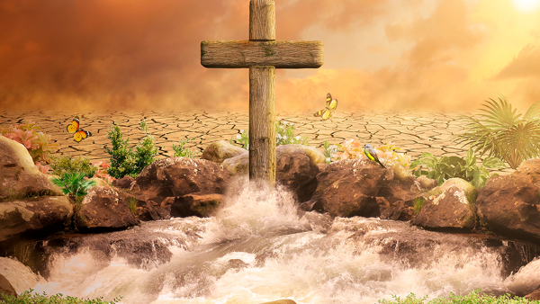 cross in an oasis with birds and butterflies