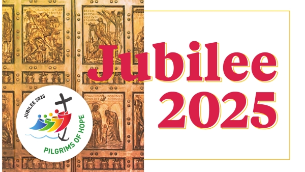 Jubilee 2025 promotional image with gold holy doors at St. Peter Basilica in Rome