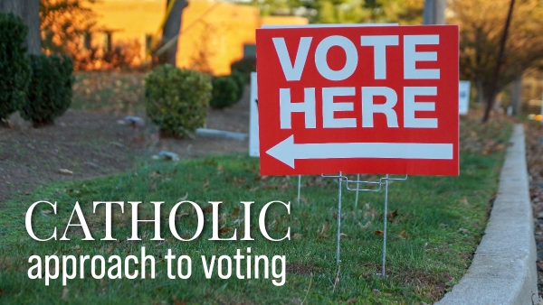 vote here lawn sign image with text "Catholic approach to voting"