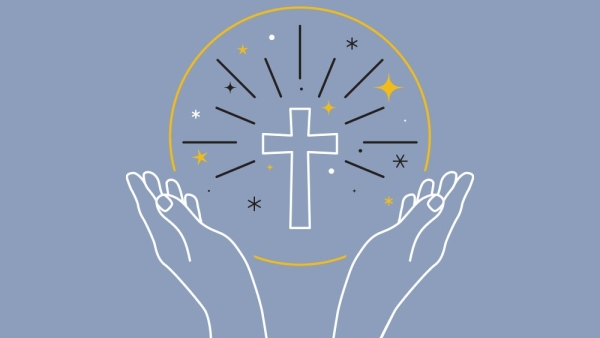 line art of hands holding eucharist with cross in the middle