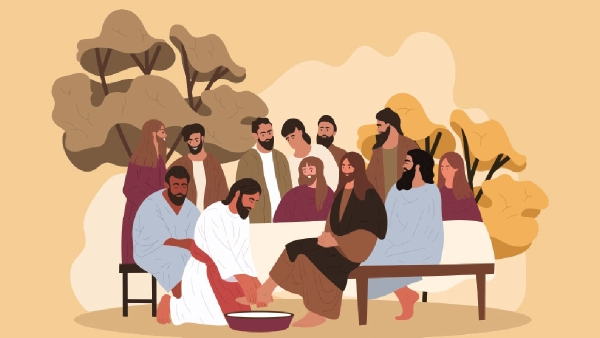 Jesus surrounded by his disciples washing a man's feet